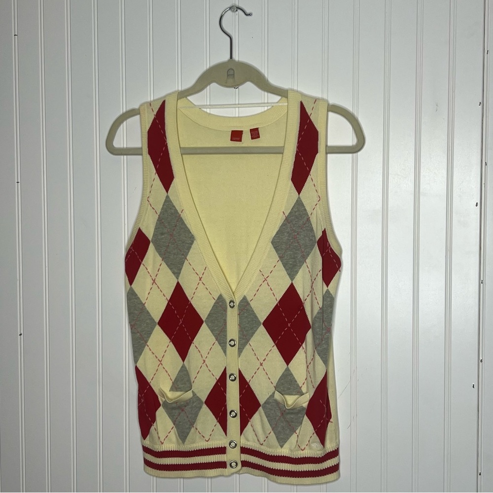 ESPRIT Y2K Schoolboy Preppy Argyle Sweater Long Vest With Snaps Size Medium